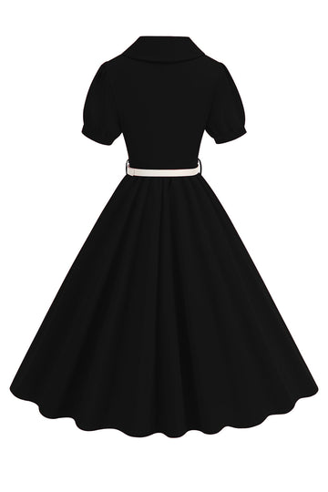 Vestido midi midi de 1950 de manga corta y escote en V negro con cinturón